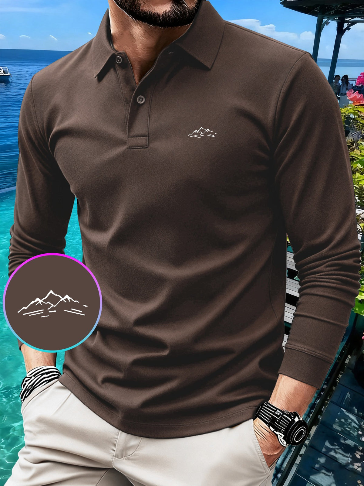 GC2-3510# A New Long-Sleeve Polo Shirt for The Autumn And Season Featuring a Minimalist Mountain Pattern Print. It Boasts a Classic And Mature Design with a High-Quality Feel. The Collared Top Is Made from Comfortable And Breathable Fabric That Is W - Coffee Brown