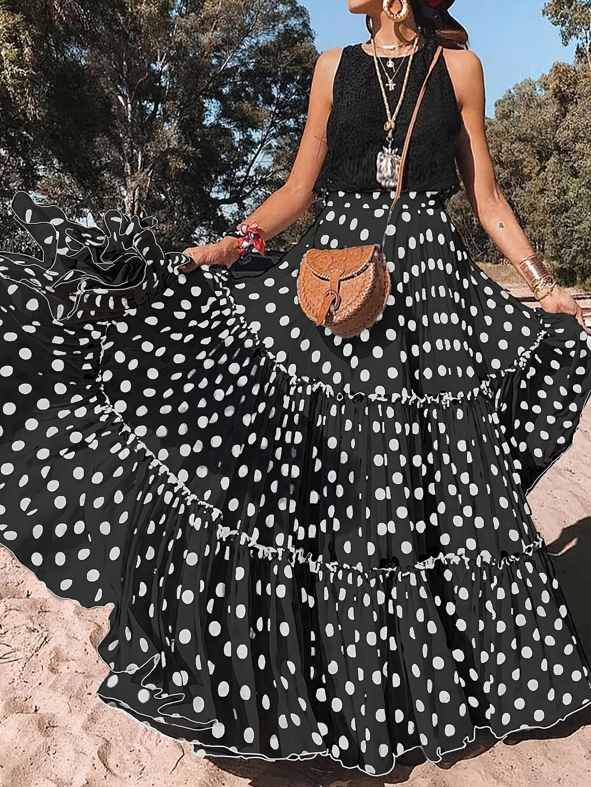 Women's Elegant Special Line High-Waisted Maxi Skirt with Dot Print & Pleated - Full-Length Loose -Line Skirt, Machine Washable for Weddings, Parties, - Year-Round Wear (Non-Stretch) - Black