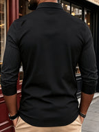 Men's New All-Season Knitwear Classic Lapel Long Sleeve 2-in-1 Look Polo Shirt, Featuring a Stylish and Minimalist Geometric Print Stripe Design, with a Color-blocked Collar and Layered Shirt Style. Made from Lightweight, Breathable - PS Black