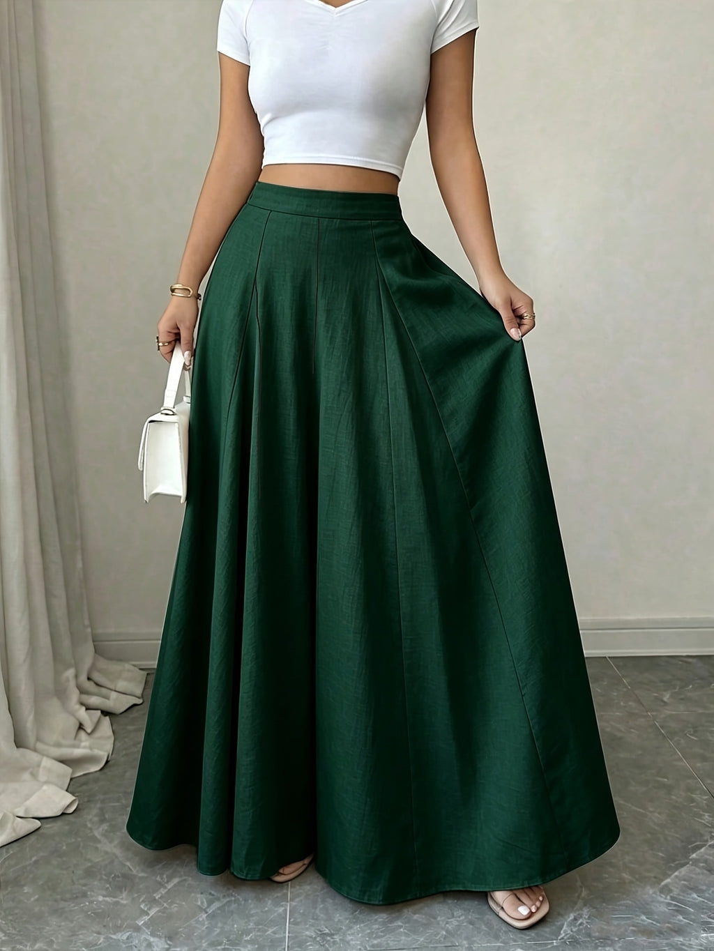High-Waist Wide-Leg Pants, Women'S Summer Flared Skirt Design, Slim Elegant Commute Casual Trousers - Green