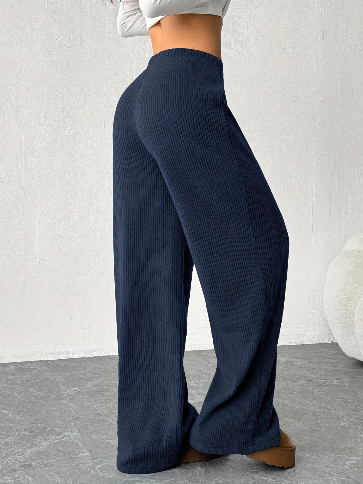 Women's Solid Color Straight Leg Loose Casual Sports Pants, New Style Ribbed Long Pants for Morning/Evening Run, Outing, Home, Perfect Choice for All Seasons, Machine Washable - Navy Color