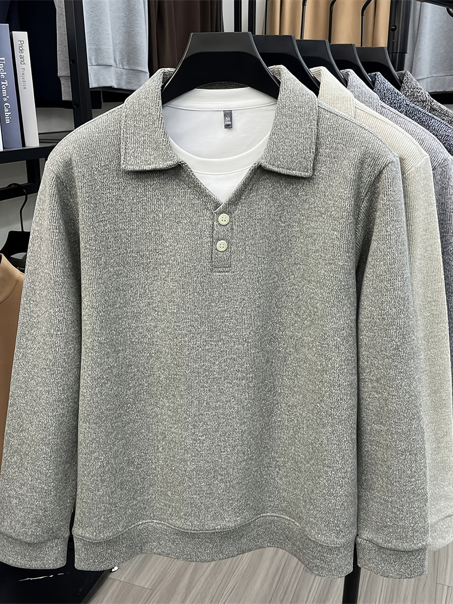 New Autumn/Winter Men's Pullover, Faux 2pcs Long Sleeve Lapel Knit Sweater, Geometric Pattern Men's Button-Up Sweater, Business Casual Fashion Versatile Solid Color Men's Top, Suitable for Daily Outings in Spring and Autumn, Men's Gift, First Choice - Dark Green