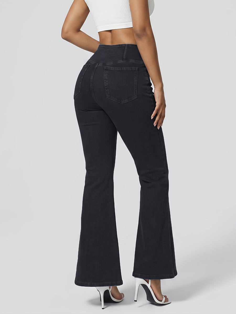 GILIPUR Women'S Solid Denim Cross V Low Waist Lifting Flare Jeans, Soft Stretchy Bootcut Long Denim Pants with Front Pockets, Y2K Streetwear Daily Date Night - Black