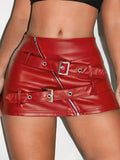 Sexy Hot Bodycon Skirt, PU Solid Color Unique Midi Skirt - Red