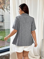 Women'S Summer New French Style Casual Elegant Short-Sleeved Suit Jacket Suitable for Office And Daily Wear Women'S Grey Short-Sleeved Suit Paired with High-Waisted White Shorts, Casual Commute Office Suit Set, Office-Friendly Outfit - Grey