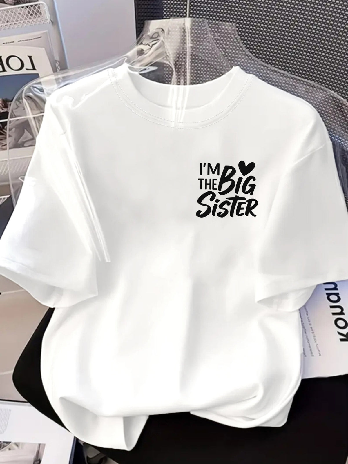 Ladies' Casual Short-Sleeve T-Shirt, I Am The Big Sister, Featuring a Soft Short-Sleeve Print, Front And Back Design, Loose-Fitting Round Neck Top in Japanese And Korean Style, White, Machine Washable, Suitable for Spring And Summer - White