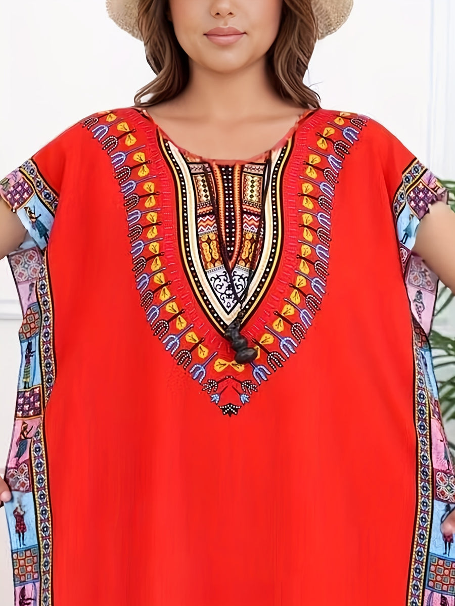 Ethnic Style Dress Summer New Bohemian Style Vacation Batwing Sleeve Dress Loose Beach Dress - Scarlet red