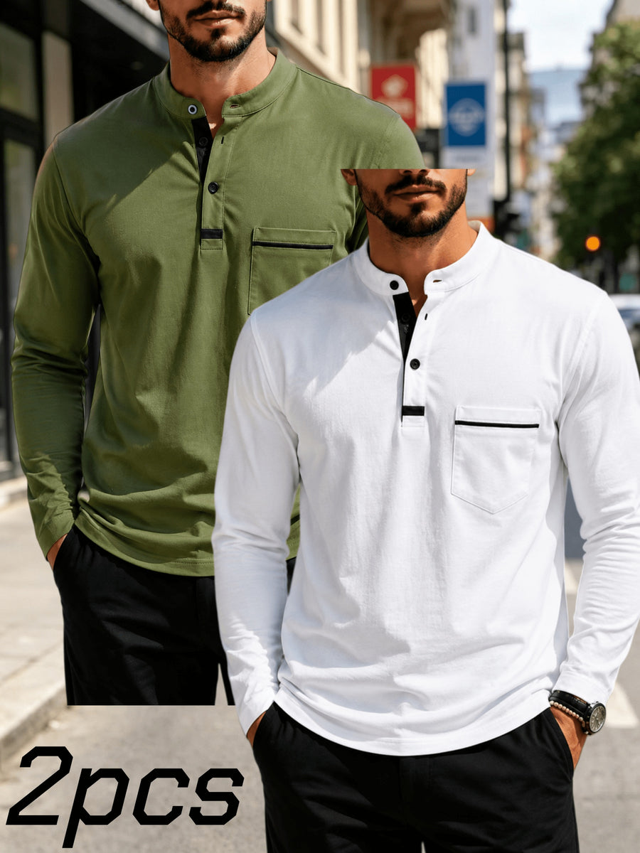 2pcs Men's Stand Collar Long Sleeve Henley Shirt, Casual Half-Button T-Shirt with Pockets, Lightweight and Breathable Stand Collar Pullover Top, Suitable for Daily, Office, and Outdoor Scenes - Army Green + White