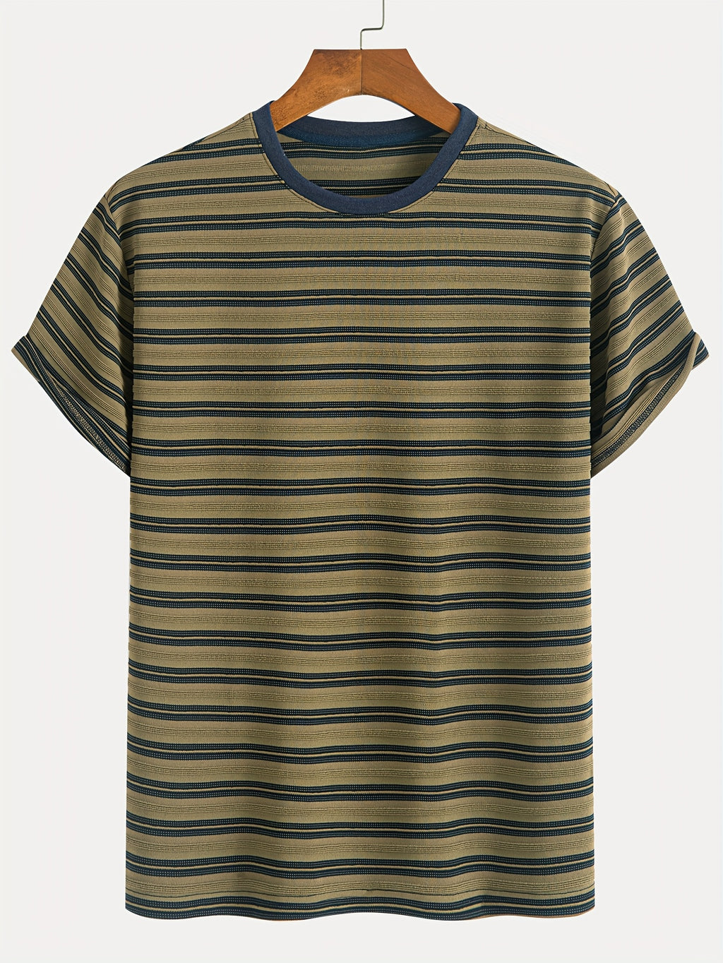 1pc Men's Summer Knit Striped T-Shirt - Soft Breathable Fabric, Classic Round Neck Short Sleeve, Regular Fit for Casual & Outdoor Wear, Multi-Color Striped Design, Daily Outfit, Lightweight Shirt, Basic Tee, Casual Attire - Olive