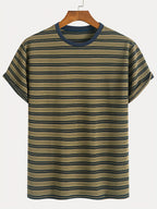 1pc Men's Summer Knit Striped T-Shirt - Soft Breathable Fabric, Classic Round Neck Short Sleeve, Regular Fit for Casual & Outdoor Wear, Multi-Color Striped Design, Daily Outfit, Lightweight Shirt, Basic Tee, Casual Attire - Olive