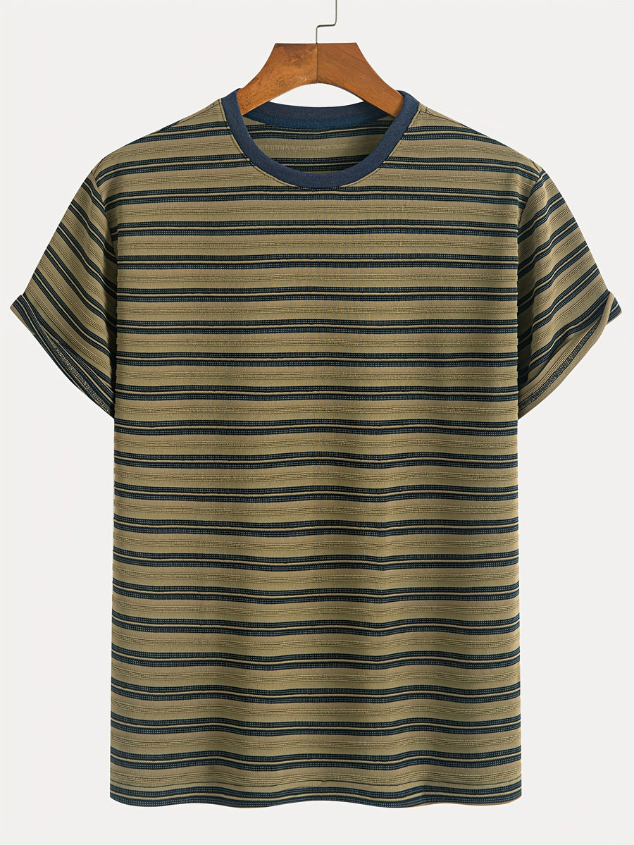 1pc Men's Summer Knit Striped T-Shirt - Soft Breathable Fabric, Classic Round Neck Short Sleeve, Regular Fit for Casual & Outdoor Wear, Multi-Color Striped Design, Daily Outfit, Lightweight Shirt, Basic Tee, Casual Attire - Olive