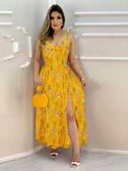 Casual Elegant Chic Bohemian V-Neck Print Dress for Women, Suspender Waist-Cinching Split Slim-Fit Vacation Party Outing Long Dress, Summer Fashion Ladies Polka Dot Print Thin Strap Split Long Dress - Mixed colors