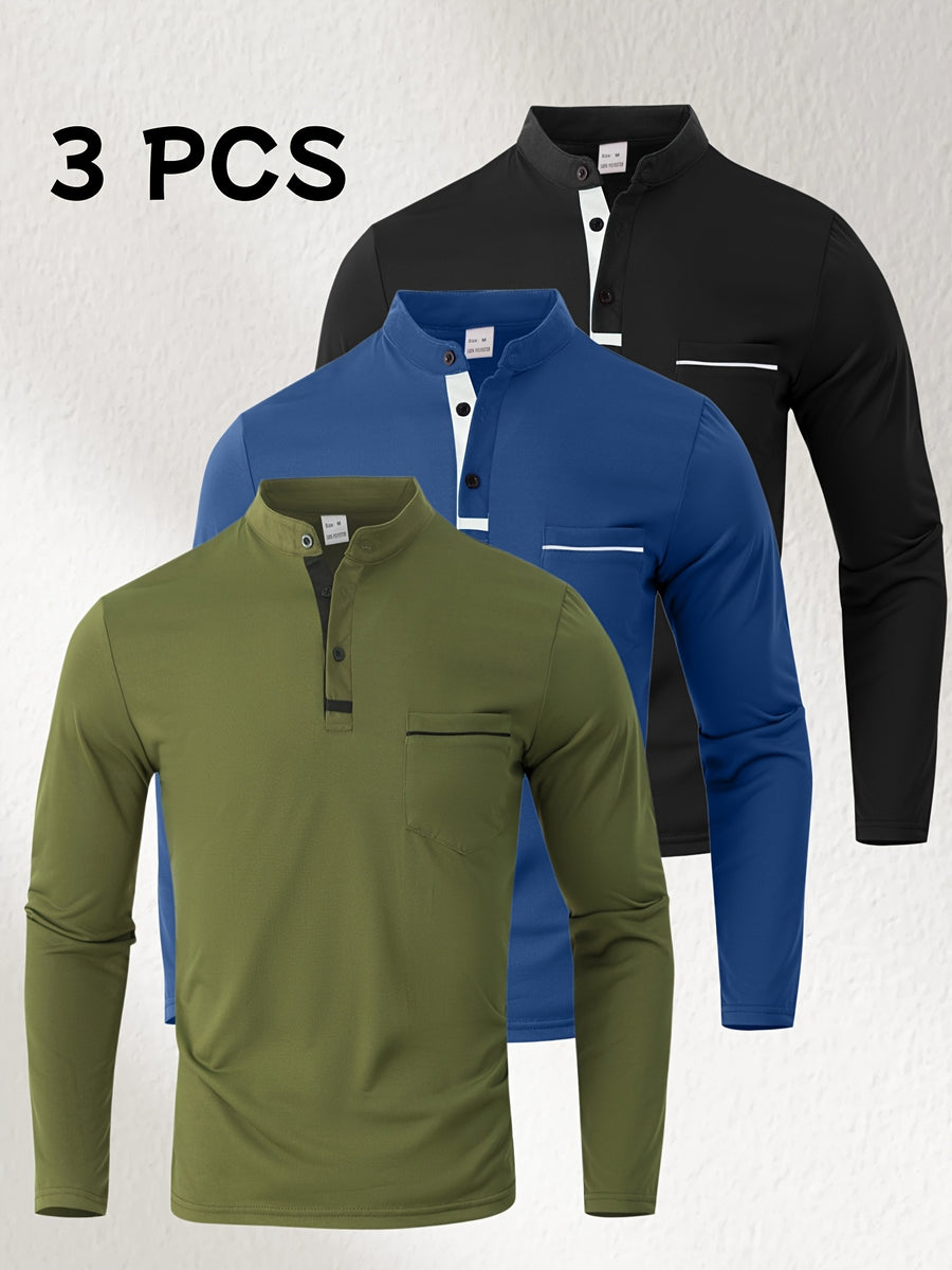 [Josh May OBM] 3pcs Men'S Long Sleeve Henley Shirts, Skin-Friendly Comfortable Fabric, Natural Elasticity Wearing Experience, Slim Casual Fit, Stand Collar Button-Up Design, Contrast Color Patchwork Detail, Chest Pocket Decoration - Army Green + Navy Blue + Black