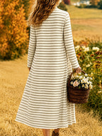 Rustic Vacation Style Gentle 2pcs Set: Loose Fit Horizontal Striped Oversized Cardigan Coat + High-Waist Pleated Solid Textured Ankle-Length Flared Maxi Dress Set - Apricot