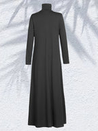 Women'S High Neck Long Sleeve Casual Loose Solid Color Long Dress - Grey