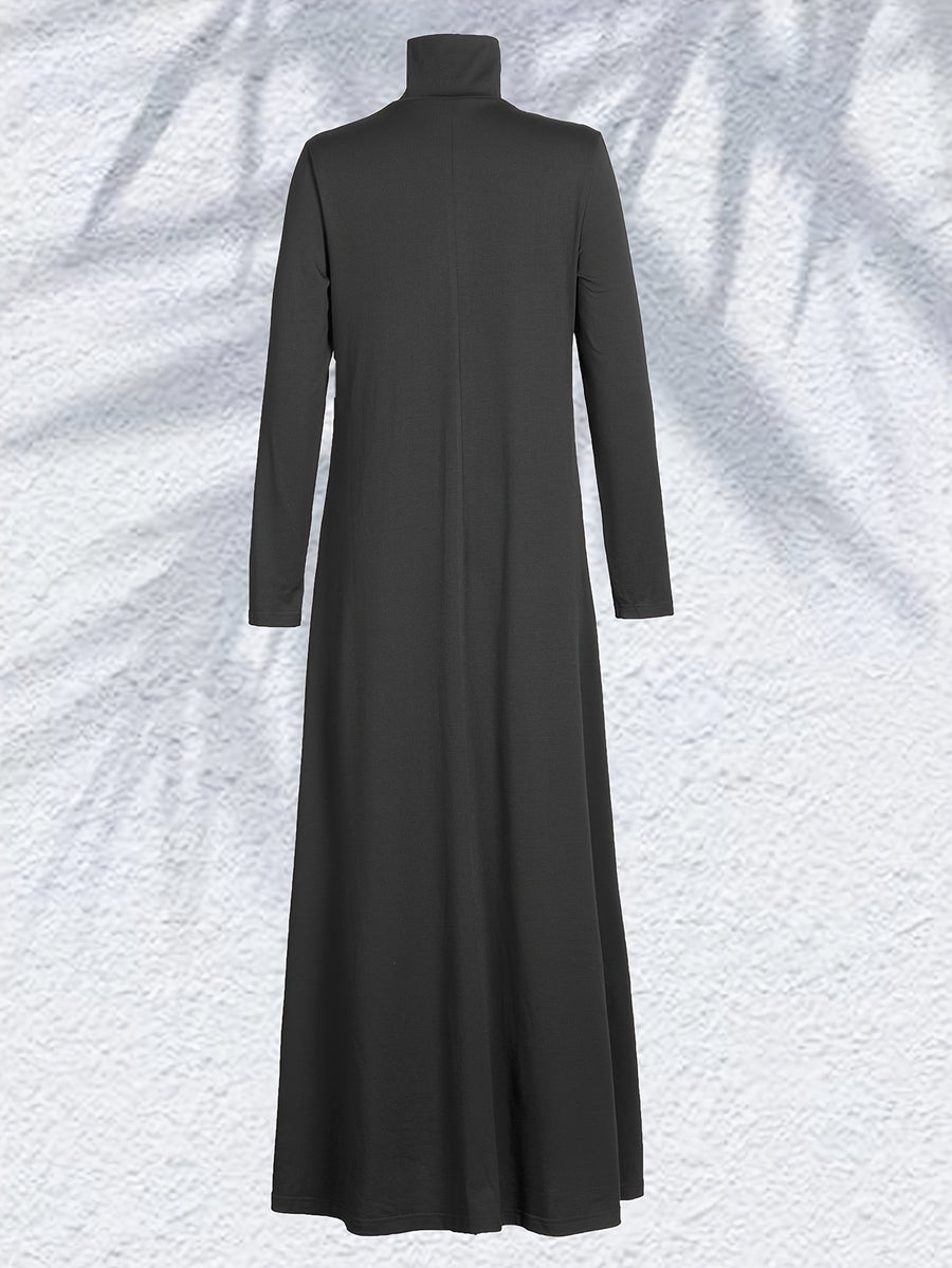 Women'S High Neck Long Sleeve Casual Loose Solid Color Long Dress - Grey