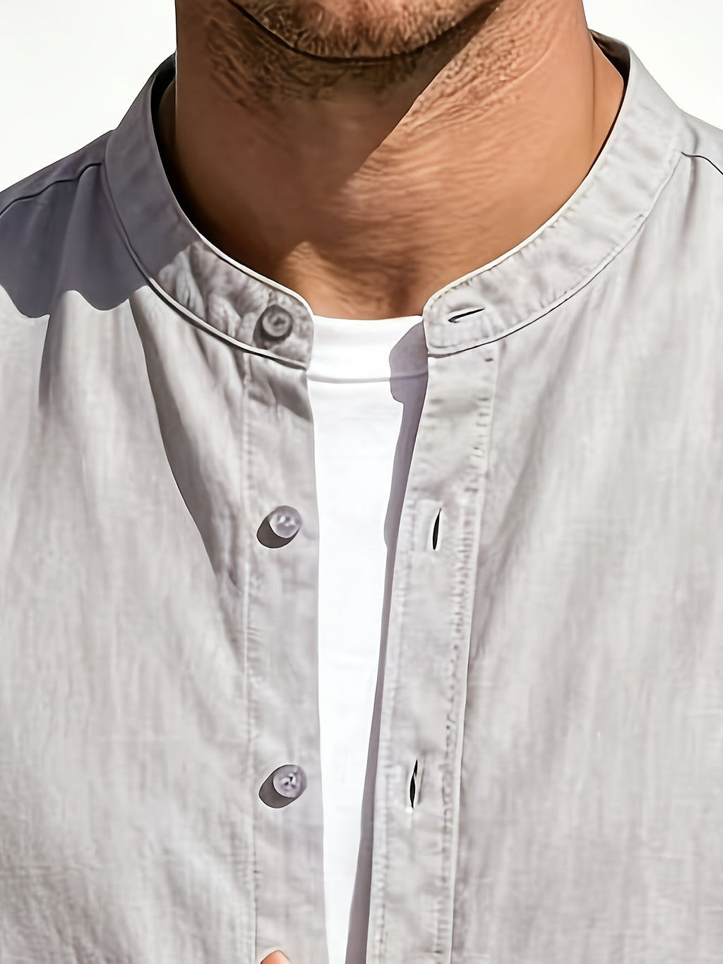 Men's Casual Stand up Collar Long Sleeved Shirt, Simple Solid Color Versatile, Suitable for Both Business and Leisure, Daily Commuting Outerwear - Grey