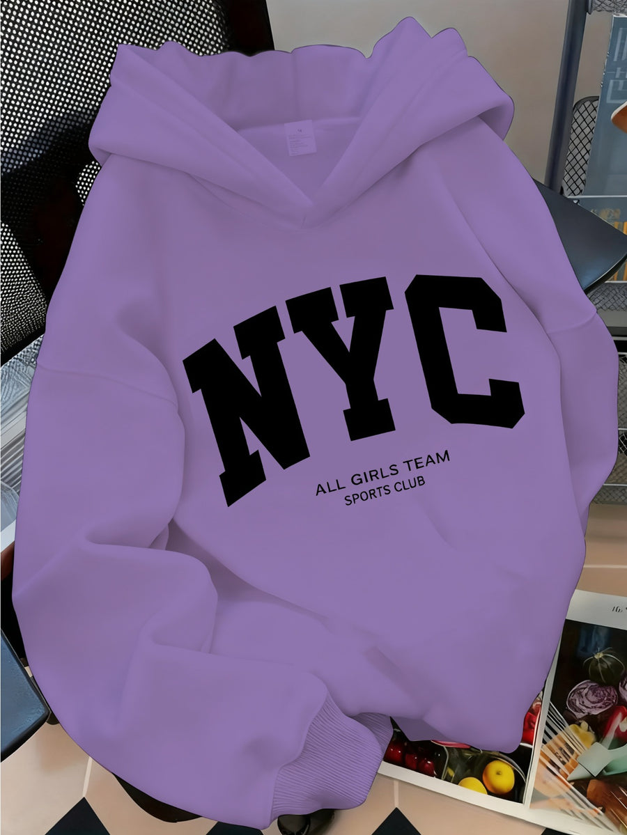 Trendy Letter Women'S Casual Hooded Sweatshirt with Front Print - Machine Washable, All-Season Versatile Pullover, Fashionable And Trendy, Durable Material, Comfortable Fabric, Printed Sweatshirt, Casual Wear, Urban Style, Fashion Enthusiast - Purple