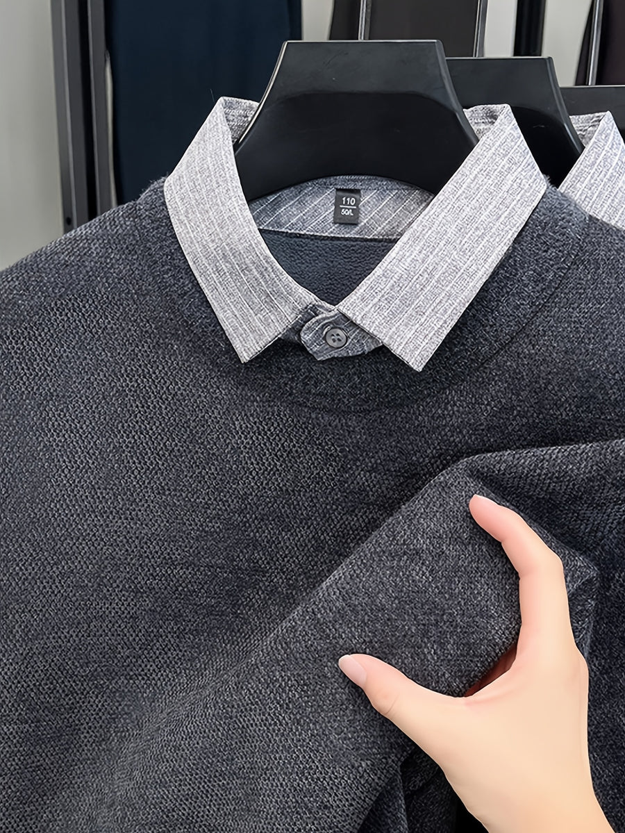 Men'S Faux Two-Piece Shirt Collar Knit Sweater, Commute Style Instant Shape, No Extra Prints, Texture-Driven Quality, Business Casual Dual Compatibility - SINBOS - Grey