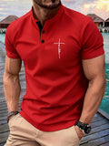 Men'S Short Sleeve Henley Shirt, Summer Button-Up Knit Style, Breathable And Fashionable, High-Quality Casual Outdoor Top, Suitable for Spring And Summer Seasons - Red