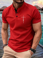 Men'S Short Sleeve Henley Shirt, Summer Button-Up Knit Style, Breathable And Fashionable, High-Quality Casual Outdoor Top, Suitable for Spring And Summer Seasons - Red