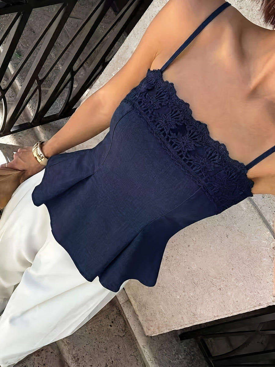 Lace-trimmed Solid Color Spaghetti Strap Top - Navy Color