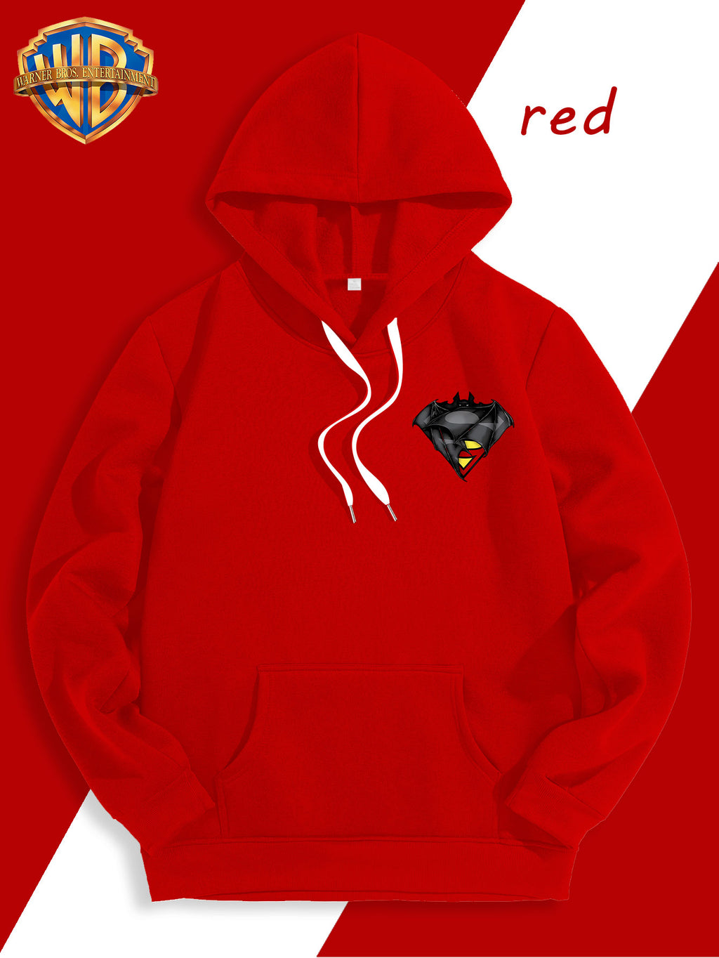 WB Warner Bros DC Official Justice League Superman-Batman Fusion Logo Hooded Sweatshirt - -Lined Hoodie Suitable for Men & Women, Unisex Couple's Gift, Adjustable Drawstring Hood, Iconic Logo Print for Casual Winter Wear, Machine Washable - Red