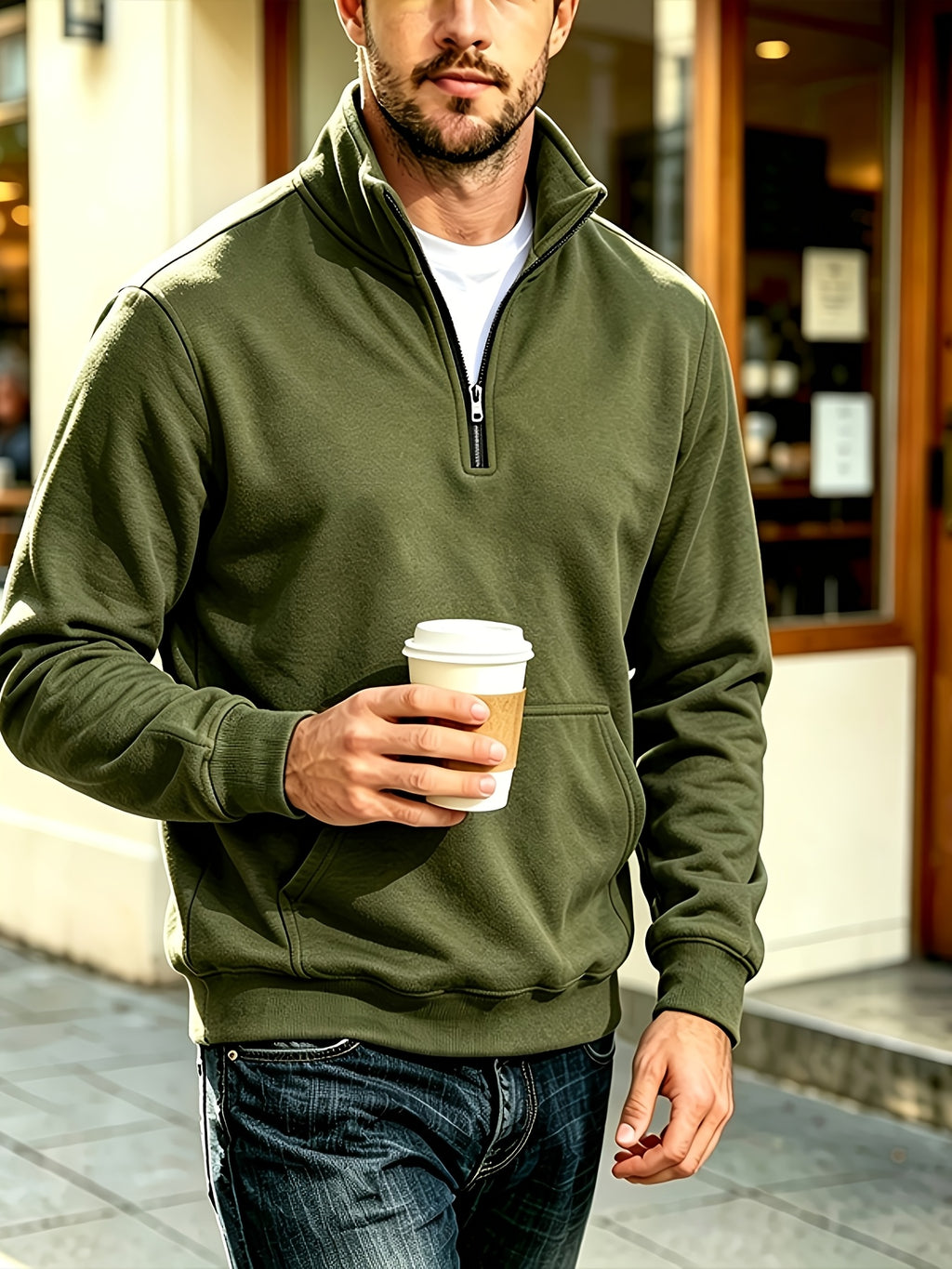 Josh Mei'S Selection of Henley Collar Shirts, Autumn And Winter Sweatshirts, Loose Casual Zip-Up Pullover Solid Color Stand Collar Fleece-Lined Solid Color Men'S Shirts - Olive Green