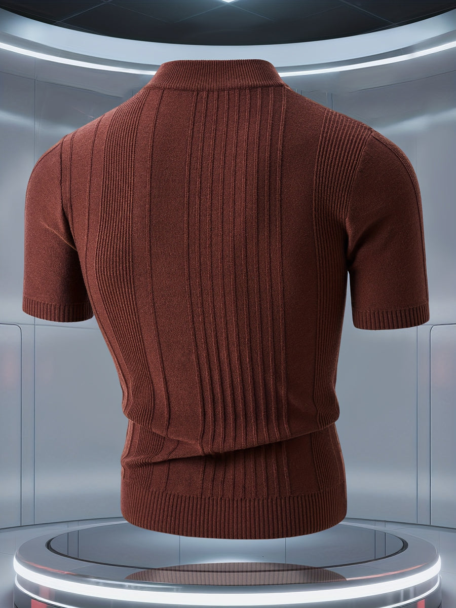 Men'S Short-Sleeved Knitted Shirt, Short-Sleeved Sweater with a Small Stand-Up Collar, T-Shirt Sweater That Can Be Worn in Spring, Autumn And Winter, Half-High Collar Short-Sleeved Knitted Sweater, Thick, Warm, Solid Color Base - Coffee Color