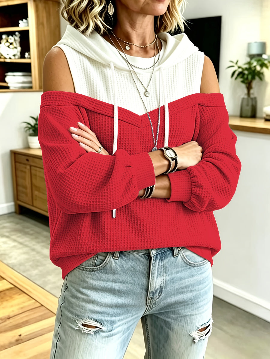 Waffle Colorblock Sweatshirt for Women, Off-Shoulder Design, Loose Fit, Contrast Color Hooded Sweatshirt, Elegant, Casual, and Simple - Fashionable and Versatile - Red With White A