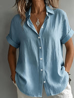 Women's Elegant Vacation-style Short-sleeve Top, Loose and Relaxed Shirt, Commuting Casual Literary Style, Figure-flattering, Daily Temperament Style, Loose and Draping, Breathable and Comfortable - Sky Blue