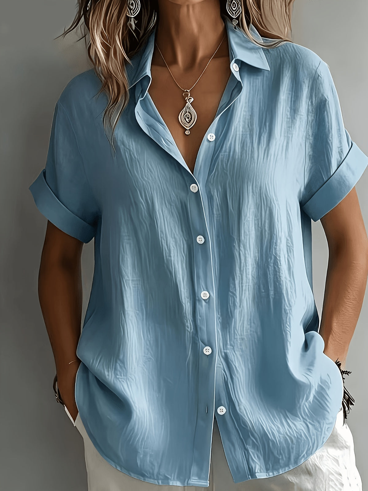 Women's Elegant Vacation-style Short-sleeve Top, Loose and Relaxed Shirt, Commuting Casual Literary Style, Figure-flattering, Daily Temperament Style, Loose and Draping, Breathable and Comfortable - Sky Blue