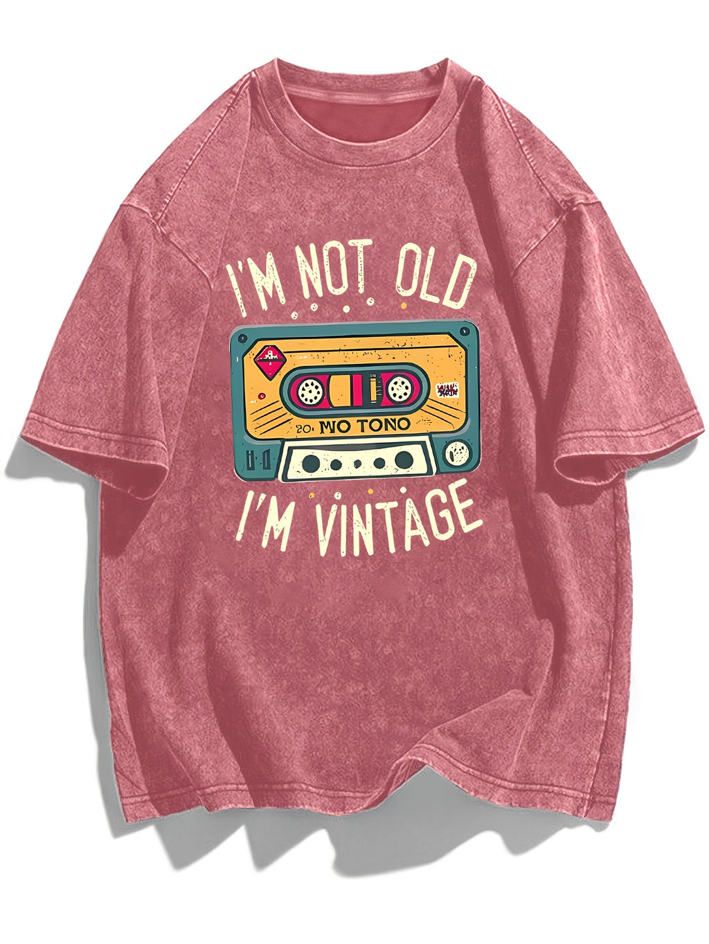 Plus Size, Retro Cassette Tape "I'm Not Old I'm Vintage" Print Women Washed T-Shirt - Red