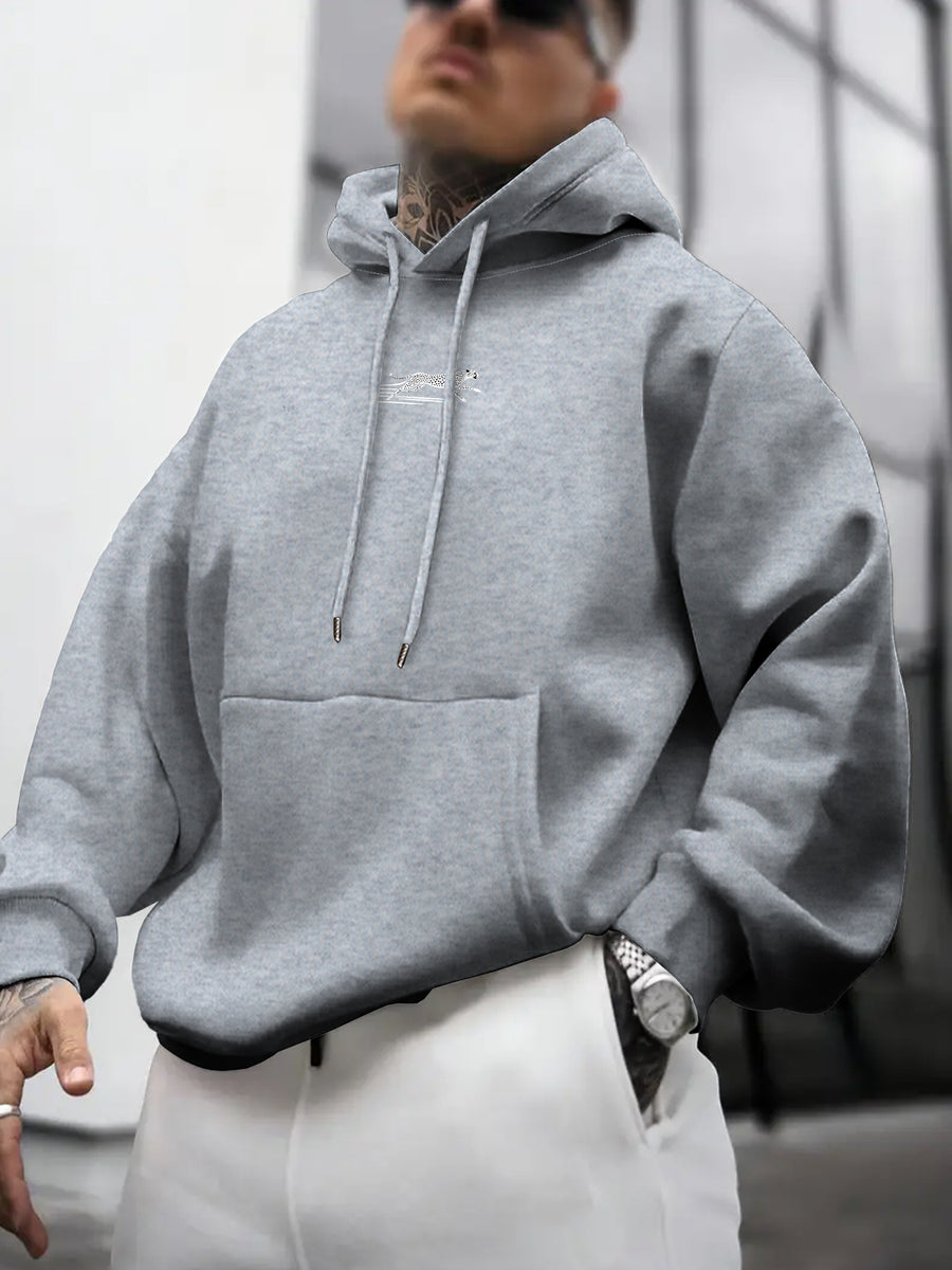 Men'S Hooded Fleece Sweatshirt, Leopard Print, Men'S Versatile Hooded Sweater, Casual And Comfortable Long-Sleeved Pullover, Autumn And Winter Hooded Sweatshirt, Easy SLOGAN, Casual, Outdoor Street Style, Fashionable - Light Grey