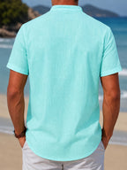 Men's Casual Solid Color 100% Cotton Short Sleeve Summer Button-Up Shirt, Round Neck Breathable Sweat-Absorbent Pure Cotton Pocket Print 100g Lightweight Shirt - Light Blue