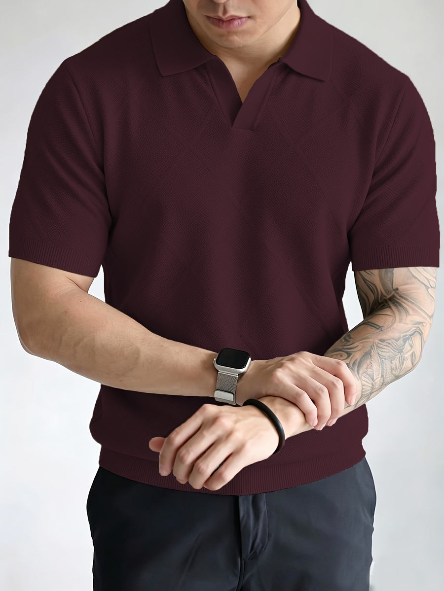 Men's Summer Vintage Rhombus Knit Polo Shirt, Vacation Casual Style Slim Fit Lapel Short Sleeve Sweater, Business Casual Commuter Knit Polo Shirt, a Satisfying Choice for Men - Burgundy color