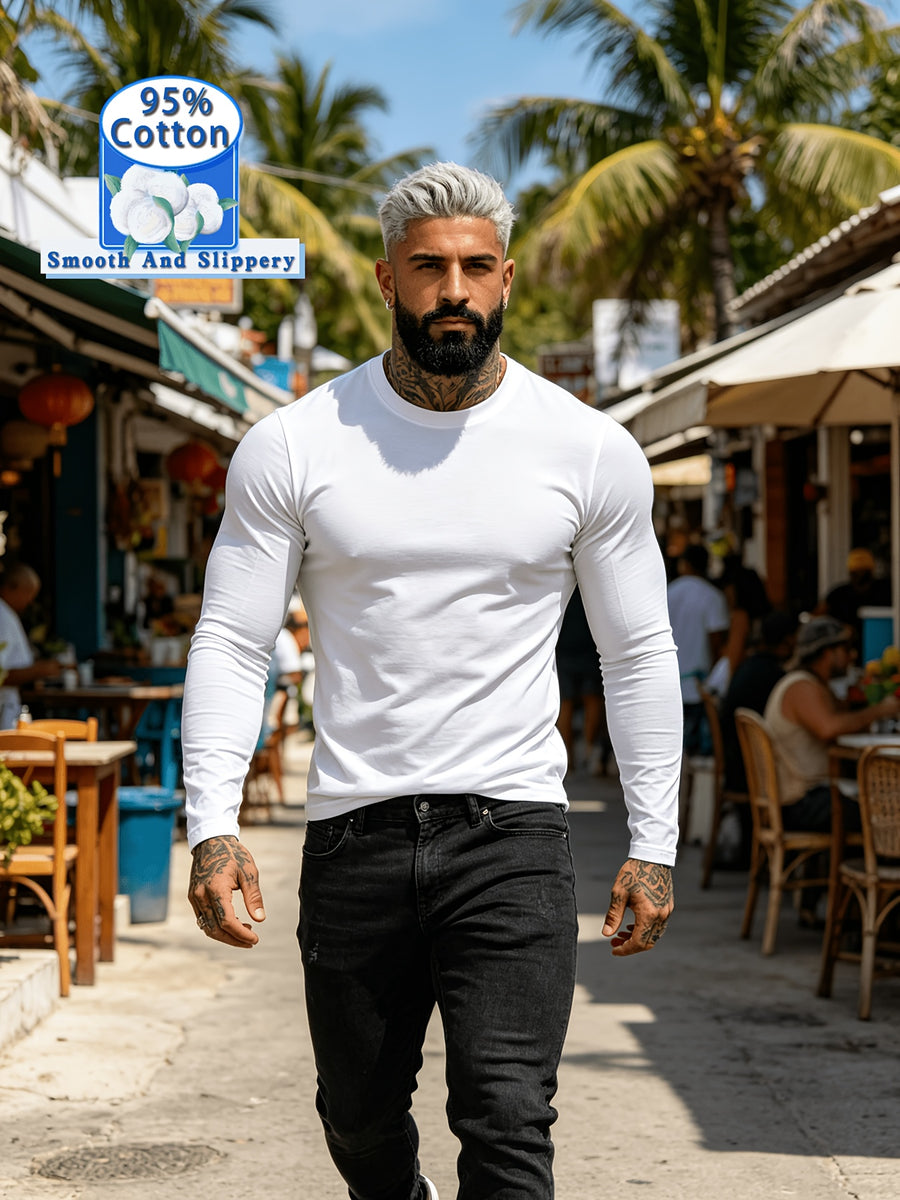 New Spring/Summer Men's Top, Fashionable Sporty Cotton Crew Neck Long Sleeve, Casual and Comfortable, Lightweight Summer Outerwear, Trendy Style - White
