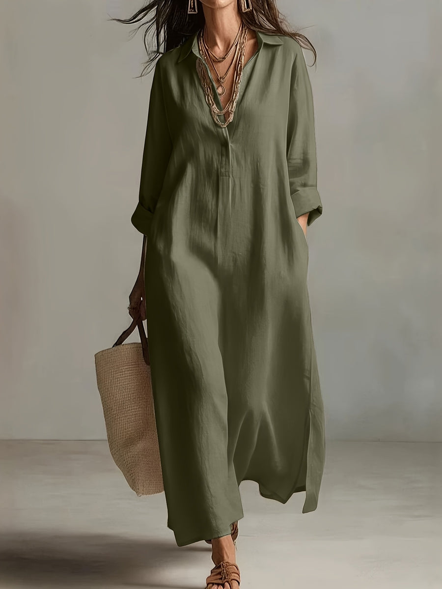 Autumn Casual Solid Color Lazy Style Long Sleeve Shirt Dress for Women, Double Pocket Design, Loose Fit with Side Slit Long Dress, Adds a Touch of Vintage Charm, Moderately Thick, Breathable, Skin-Friendly, and Soft Fabric, Versatile Style - Military Green
