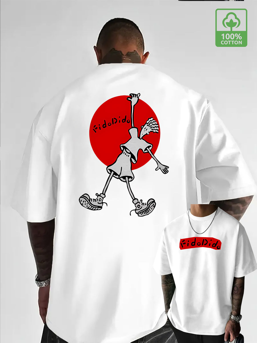 Cartoon French Fries for Man Simple Letter Creative Print Heavyweight Cool and Handsome 100% Pure Cotton Men's Short Sleeve T-Shirt, New Casual Daily Fashion Loose Fit Crew Neck Men's Apparel - White