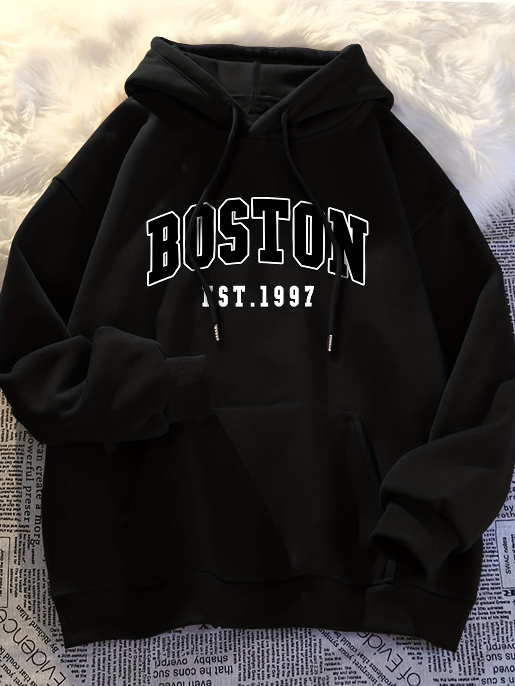 Minimalist Style Boston Letter Print Men'S Hooded Sweatshirt Regular Fit, Casual Long Sleeve Pullover - Black