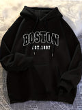 Minimalist Style Boston Letter Print Men'S Hooded Sweatshirt Regular Fit, Casual Long Sleeve Pullover - Black