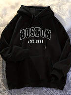 Minimalist Style Boston Letter Print Men'S Hooded Sweatshirt Regular Fit, Casual Long Sleeve Pullover - Black