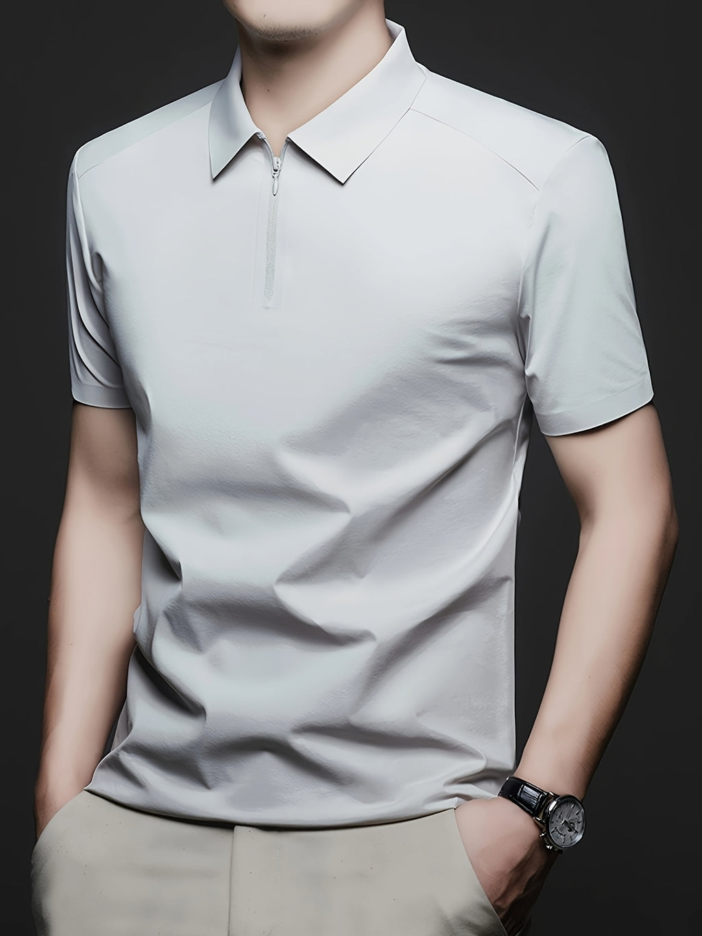 Men's Summer Lapel Polo Shirt, Fashionable and Versatile Light Luxury Zipper Top, Business Casual Breathable Short-Sleeve T-Shirt, Suitable for Daily Work Scenes - Light Grey