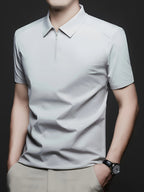 Men's Summer Lapel Polo Shirt, Fashionable and Versatile Light Luxury Zipper Top, Business Casual Breathable Short-Sleeve T-Shirt, Suitable for Daily Work Scenes - Light Grey