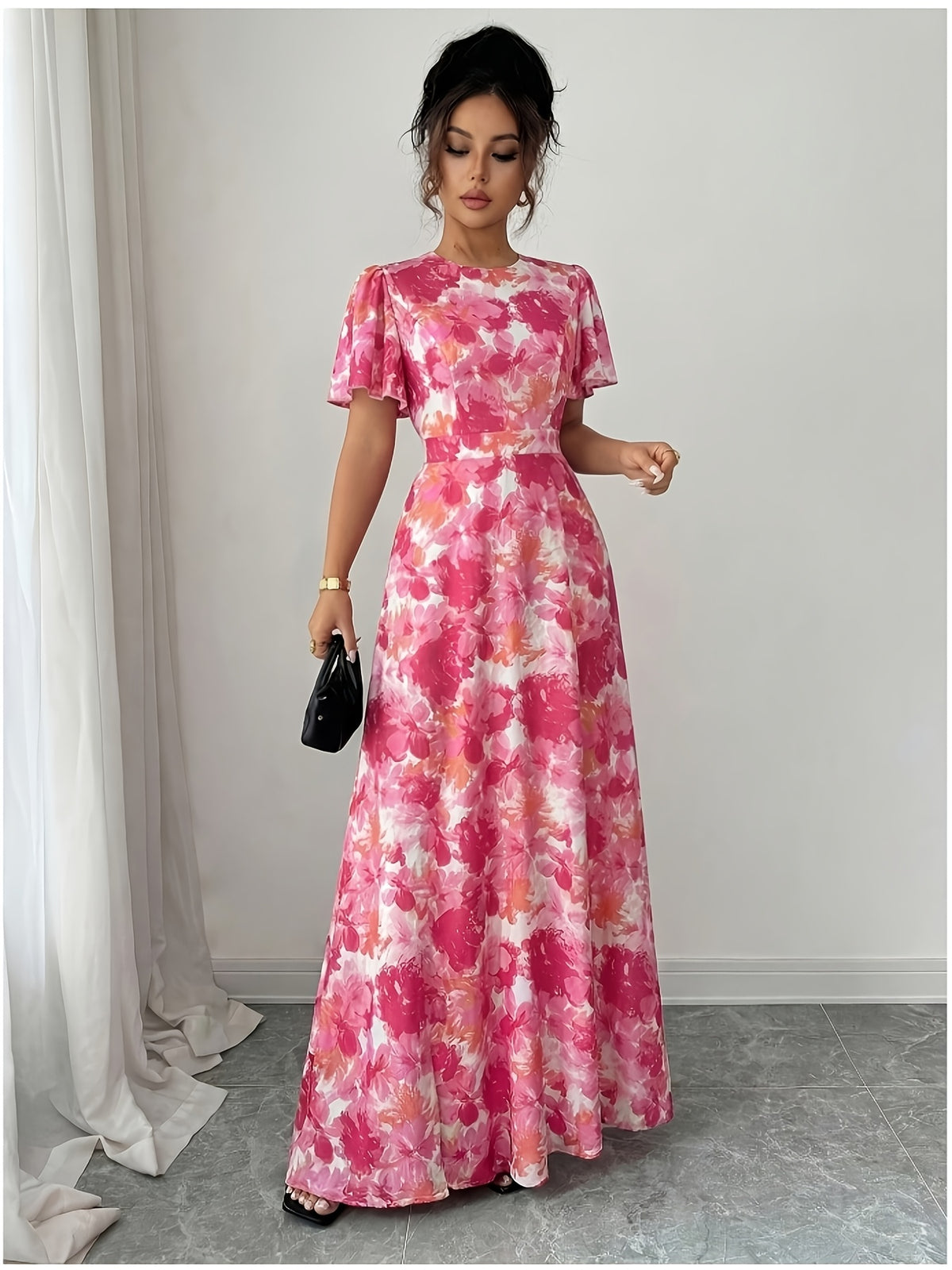 Elegant, Exquisite, And Fashionable Floral Print Round Neck Short Sleeve Long Dress High-Waist Waist-Cinching A-Line Flared Silhouette Suitable for Daily Commute, Dating Parties, Beach Vacation, Wedding Bridesmaid, Afternoon Tea - Red