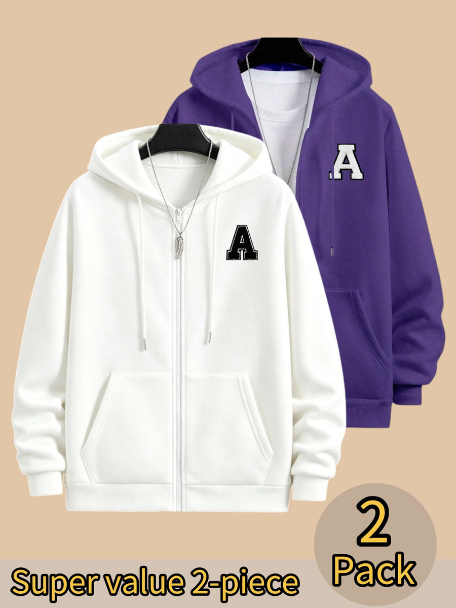 50%, 50%, 2pcs Men'S Patchwork Warm Fleece Zip-Up Hooded Sweatshirt, Men'S Clothing, Long Sleeve Fleece Jacket, Zip-Up Top, Hooded Sweatshirt, Pockets, Drawstring, Suitable for Outdoor, Casual, Back-To-School Season, Gift for Boyfriend - White+Purple