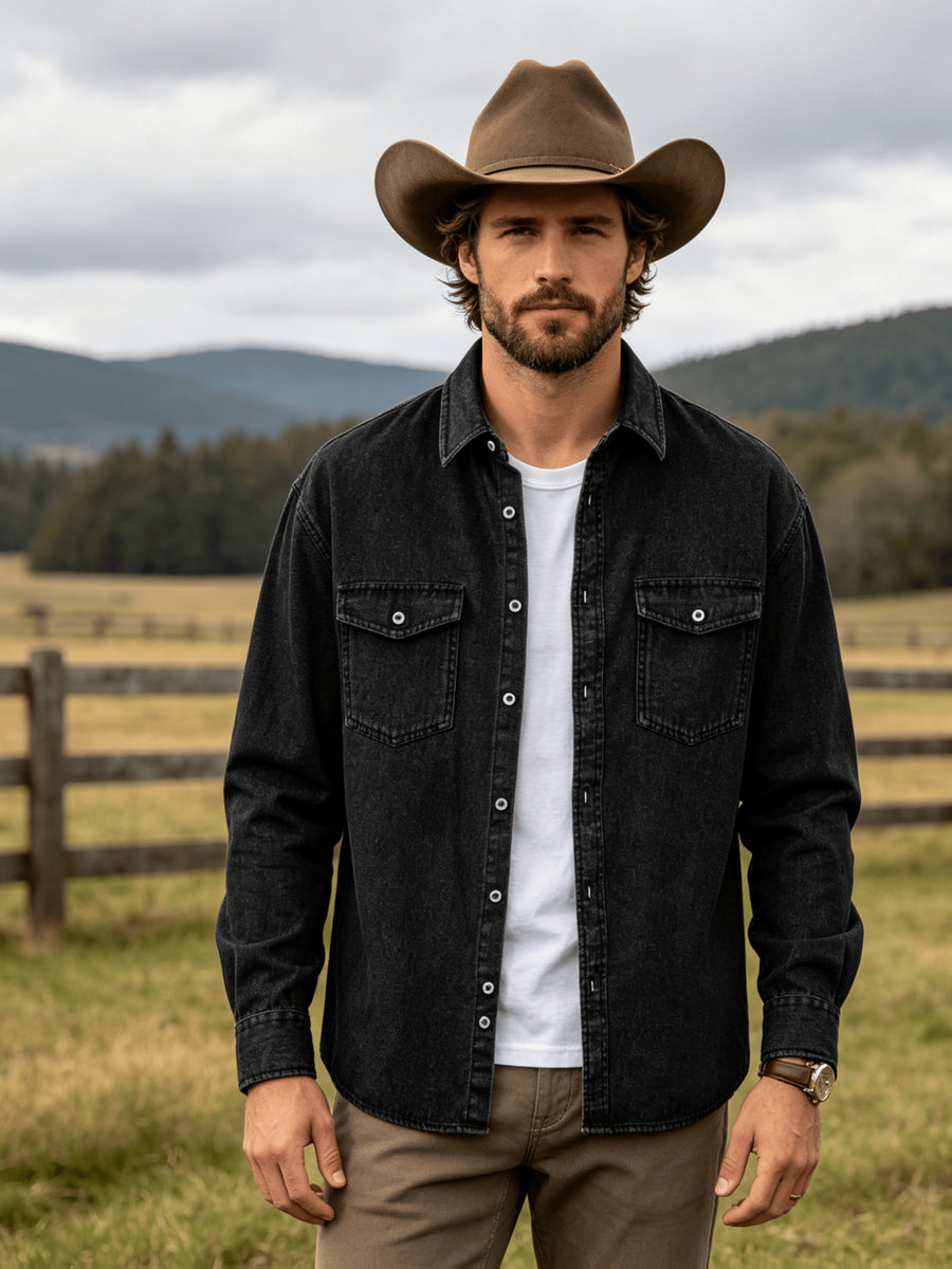 Men'S 100% Denim Long Sleeve Shirt, Vintage Lapel Double Chest Pockets Workwear Button, Durable, Breathable And Wrinkle-Resistant, Loose Fit for Daily Commute, Outdoor And Casual Wear, Suitable for Spring, Autumn And Winter Layering - Black