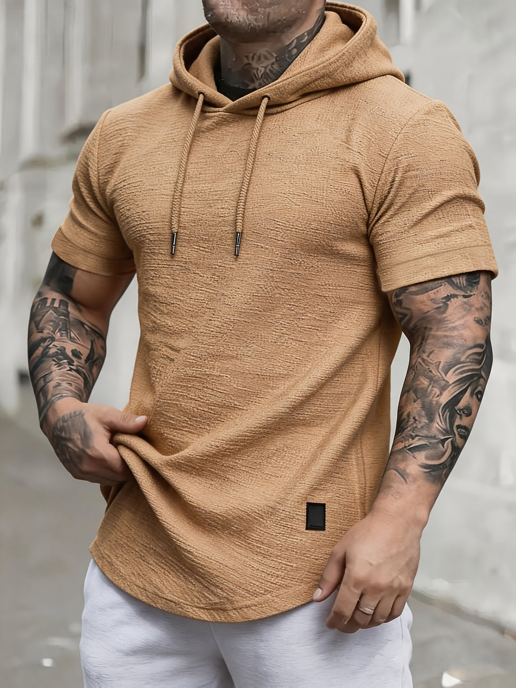[Pearson OBM] Spring/Summer New Men'S Solid Easy Fashion Hooded Short Sleeve Top, Soft And Comfortable Machine Washable Fabric, Casual Trendy Athletic, Suitable for Running Fitness Outdoor Activities, Multi-Color Available - Khaki
