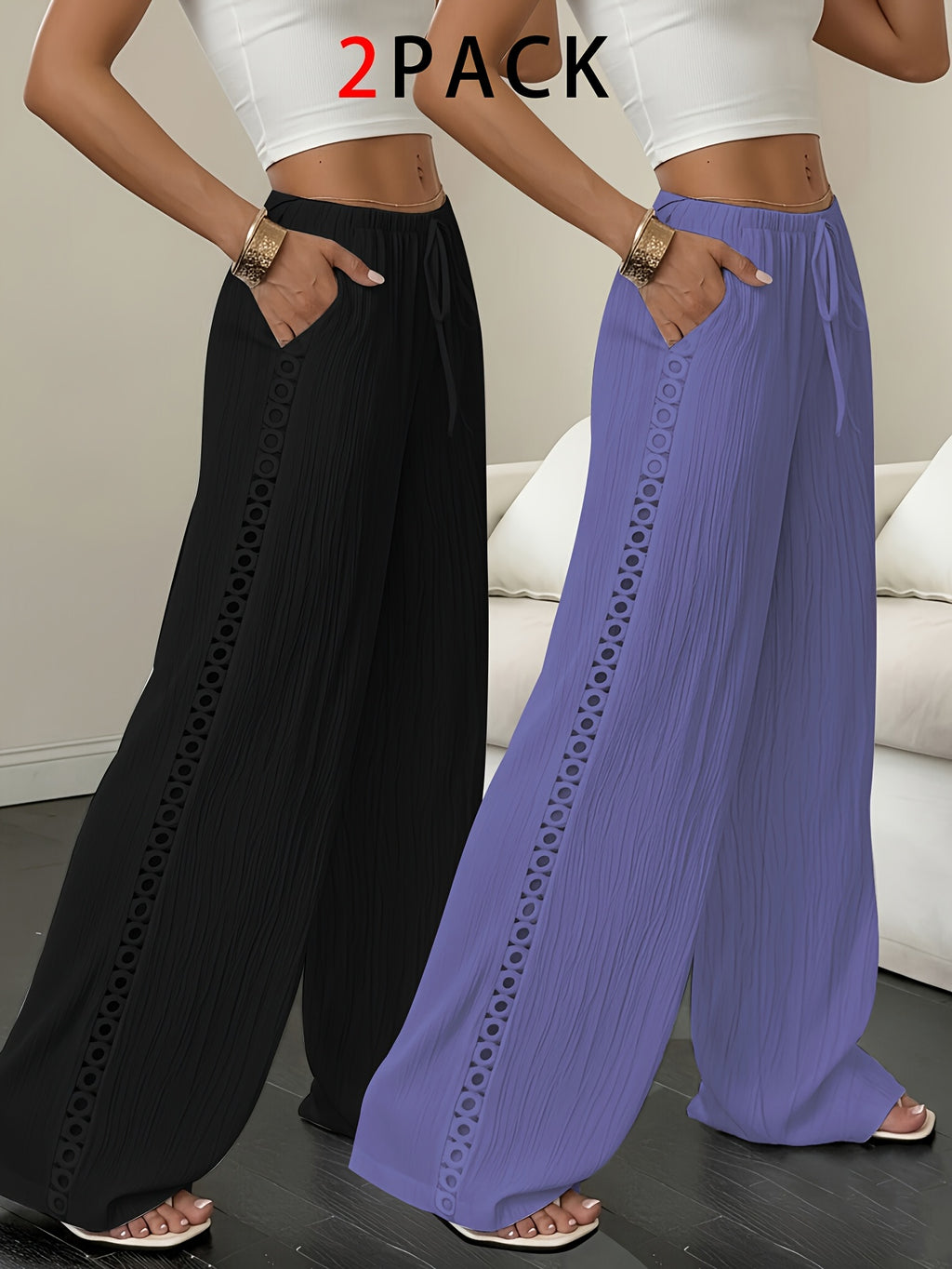 2-Pack Women's Elegant Textured Side-Cutout Straight-Leg Pants with Drawstring Waist, Wide-Leg Casual Trousers - Black+Purple
