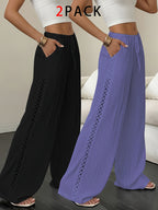 2-Pack Women's Elegant Textured Side-Cutout Straight-Leg Pants with Drawstring Waist, Wide-Leg Casual Trousers - Black+Purple